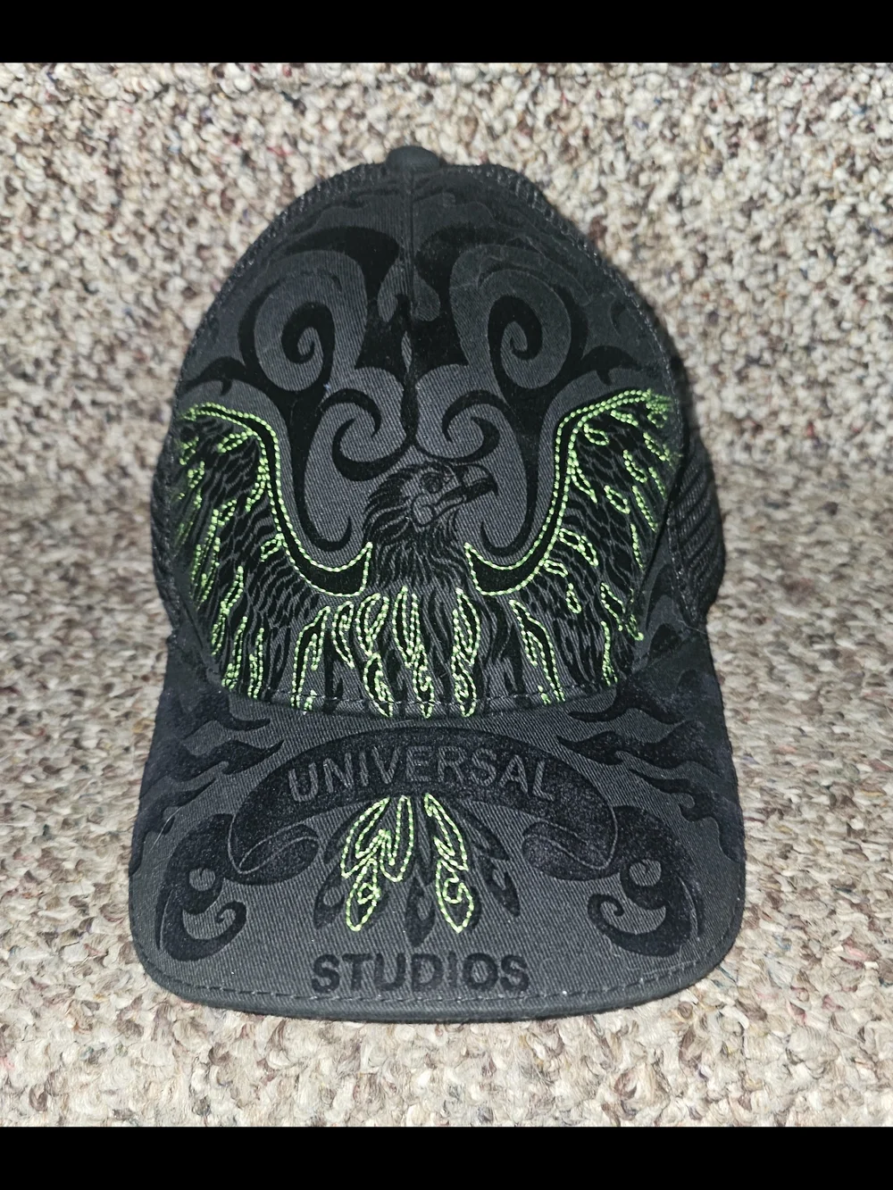 Universal Studios Black Cap with Neon Green Embroidered Eagle